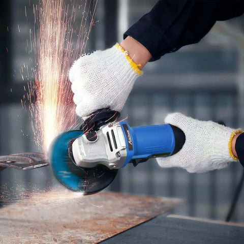 Badass 4.5 Inch Angle Grinder With 7.5 Amp Motor And 900W Power Delivers 11000 Rpm cutting through metal, emitting sparks, with protective gloves.