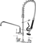 Beefy Heavy Duty Commercial Kitchen Faucet With Pre Rinse Sprayer 8 Inch Center 27 Inch Wall Mount 12 Inch Add On Swivel Spout