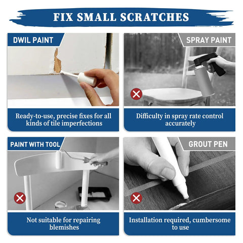 Comparison chart of Perfect White Multi Surface Touch Up Paint Pen With Built-In Brush versus other repair tools for small scratches.