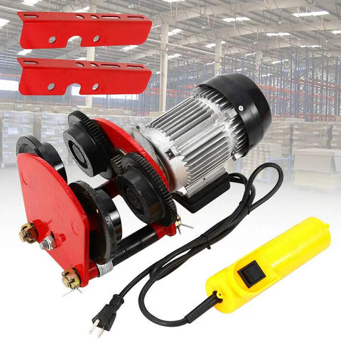 1 Ton Electric Trolley Hoist On I Beam Track For Straight Rail Setups with motor and yellow control in warehouse