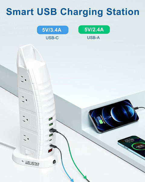 Eight Widely Spaced AC Outlets Surge Protector Power Strip For Home Office With Four USB Ports And Two USB C Ports shown