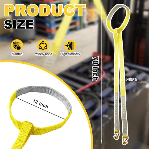 Beefy Heavy Duty Forklift Battery Lifting Sling shown with dimensions 70 inch by 2 inch, 12 inch round ring, industrial setting.