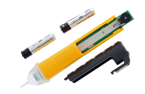 Non-Contact Voltage Tester 50-600V CAT IV 600V NCVT with LED Indicator, showing AAA batteries and device assembly