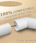 PVC pipe fittings showing 1 inch 45 degree elbow compatible with SCH40 pipe, labeled easy to install and 100% compatible.