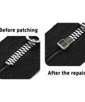 Size Five Metal Zipper Latch Slider Retainer Insertion Pin With Bottom Stopper For Metal Zippers Repair DIY Sewing Replacement Zip Fixin Gun Black 50 Sets before and after repair view