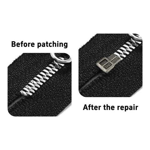 Size Five Metal Zipper Latch Slider Retainer Insertion Pin With Bottom Stopper For Metal Zippers Repair DIY Sewing Replacement Zip Fixin Gun Black 50 Sets before and after repair view