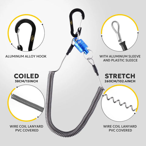 Ultra Strong Magnetic Release Holder with Coiled Lanyard and Aluminum Alloy Hook in Blue, showing coils and carabiner.