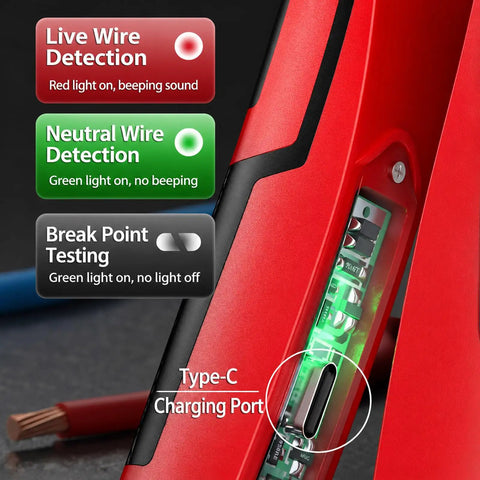Type-C charging port on 16 In 1 Wire Stripper Twister Pliers With Built In Voltage Tester All In One Electrical Tool, red casing.