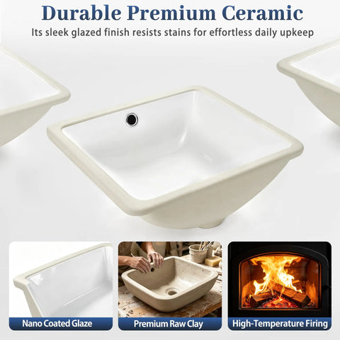 IBVIVIC Undermount Bathroom Sink, 14.4x12.7 Inch White Rectangle Porcelain Ceramic Vessel Sink, Deep Basin with Overflow - Close-up of premium ceramic bowl design.