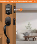 Electronic Keypad Deadbolt Lock And Handle Set With Keyless Entry Backlit Keypad Auto Lock Easy Install For Left Or Right Hand Doors 50 User Codes Black Finish shown on a wooden door with auto-lock indicator