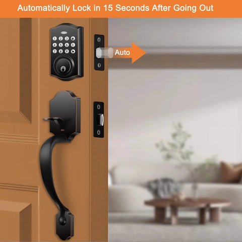 Electronic Keypad Deadbolt Lock And Handle Set With Keyless Entry Backlit Keypad Auto Lock Easy Install For Left Or Right Hand Doors 50 User Codes Black Finish shown on a wooden door with auto-lock indicator