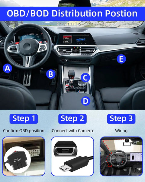 Installation steps for OBD2 to Micro USB Power Cable for Dash Camera 24 Seven Hardwire Charger with Switch in car
