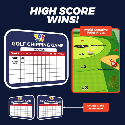 Double-sided scoreboard for Chipping Golf Practice Mat Set for Indoor Outdoor Fun with positive and negative point areas.