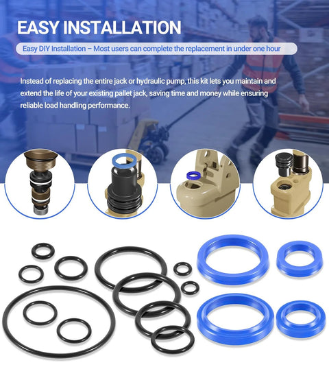 Pallet Jack O Ring Seal Kit For Jet W Pallet Jack PT2748W PT2748LW PT2748L parts with installation guide, blue and black seals visible.