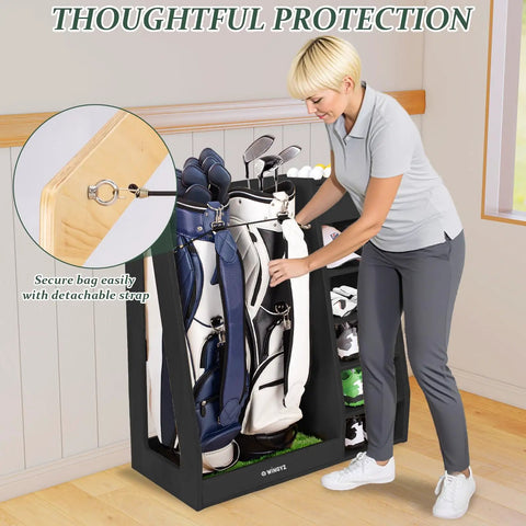 Birch Plywood Golf Bag Storage For Two Bags With 36Lb Rock Solid Organizer And 7 Shelf Command Center Plus Artificial Turf 12 Ball Display No Wall Mounting Needed Black