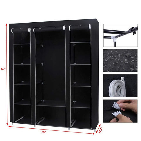 69 Inch Portable Clothes Closet With Industrial Strength Steel Frame And Thick Nonwoven Fabric Cover, black, multi-shelf design showing interior.