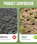 Product comparison of lawn aerator shoes showing shallow potholes vs deep potholes for grass health