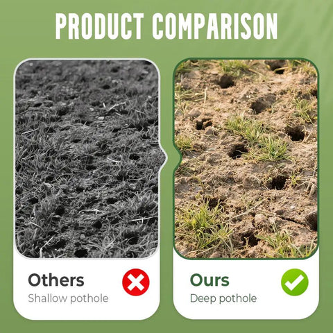 Product comparison of lawn aerator shoes showing shallow potholes vs deep potholes for grass health