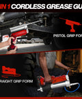 2 In 1 Cordless Electric Grease Gun Kit With 12000 PSI Output, 5.3 Oz Per Min, showing pistol and straight grip forms in use