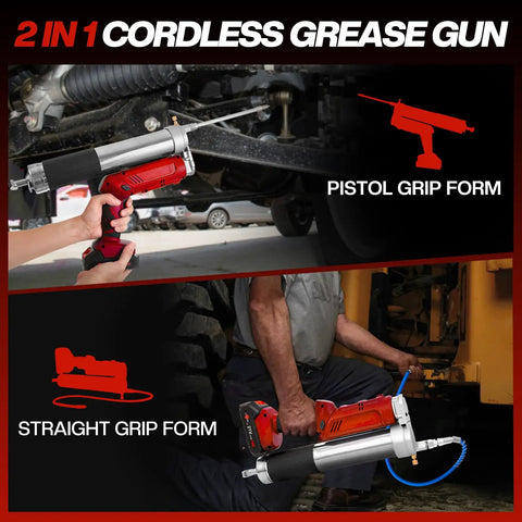 2 In 1 Cordless Electric Grease Gun Kit With 12000 PSI Output, 5.3 Oz Per Min, showing pistol and straight grip forms in use