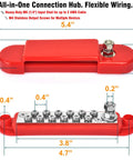 Hardcore 150A Power Distribution Block Dual Bus Bar With Tinned Copper Terminals, red hub design, dimensions and features shown.