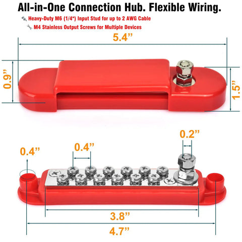 Hardcore 150A Power Distribution Block Dual Bus Bar With Tinned Copper Terminals, red hub design, dimensions and features shown.
