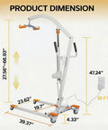 Product dimensions of Premium Electric Patient Lift With Ergonomic Breathable Slings with measurements and plug-in motor.
