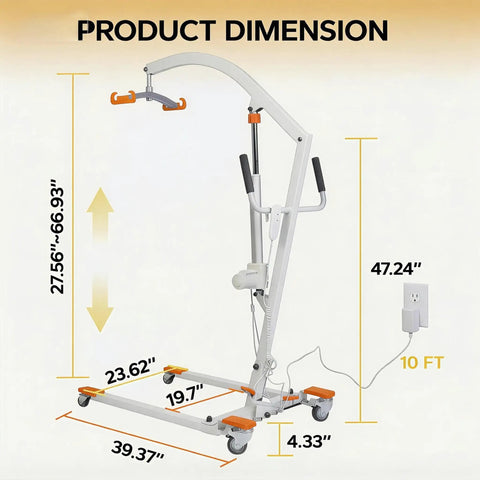 Product dimensions of Premium Electric Patient Lift With Ergonomic Breathable Slings with measurements and plug-in motor.