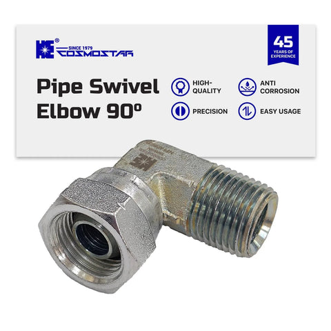 Cosmostar pipe swivel elbow 90°, 1/2 in NPTF male to 1/2 in NPSM, hydraulic adapter with chrome finish