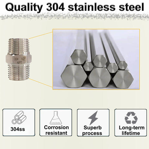 Three Eighths Inch NPT Male Hex Nipple Fittings Set, 304 Stainless Steel Pipe Adapters Equal Nipples Connectors, corrosion resistant steel bars