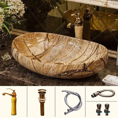 Top Shelf Rectangular Vessel Sink For Above Counter Bathroom Vanity Setup Modern Boat Shaped Washbasin with natural stone finish.