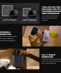 20W Fiber Laser Engraver For Metal Jewelry Leather And More AI Powered Deep Engraving 10X Faster With Cloud Data And Lightburn Compatibility Compact And Affordable, displaying work area dimensions and handheld use.