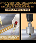Heavy Duty 12 Piece Hole Saw Kit With Carbide Tipped Saws For Metal Working Includes punch locator being used on metal surface.