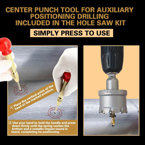 Heavy Duty 12 Piece Hole Saw Kit With Carbide Tipped Saws For Metal Working Includes punch locator being used on metal surface.