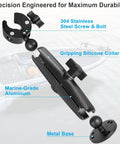 Stabilizer Mount For Trolling Motors With 360 Degree Adjustable Dual Ball Head, showing clamp, silicone collar, and metal base.