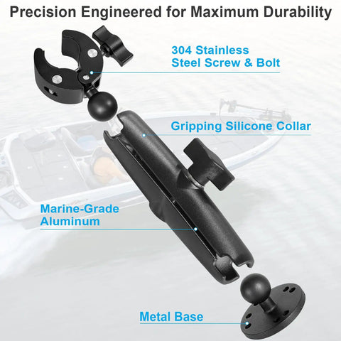 Stabilizer Mount For Trolling Motors With 360 Degree Adjustable Dual Ball Head, showing clamp, silicone collar, and metal base.