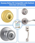 All In One Home Door Rekey Kit, 4 Tool DIY Set with brass bottom pins, showing Kwikset locks and rekey tools