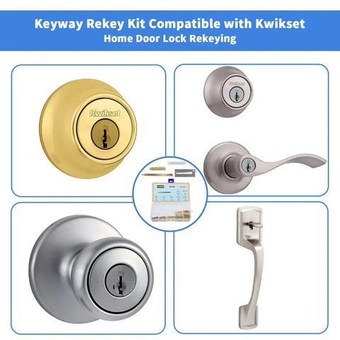 All In One Home Door Rekey Kit, 4 Tool DIY Set with brass bottom pins, showing Kwikset locks and rekey tools