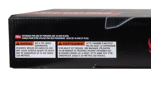 Warning label on packaging for Youth Break Barrel.177 Cal Pellet Gun Air Rifle With Spring-Piston Power For Plinking, Target Shooting, And Pest Control, Lightweight, Easy-To-Use Single-Shot Rifle For Beginners And Kids.