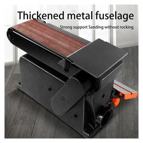 Heavy Duty Desktop Belt Sander With Brushless Motor For Wood Grinding Polishing And Finishing Dual Sanding Disc System side view with metal body and sanding belt