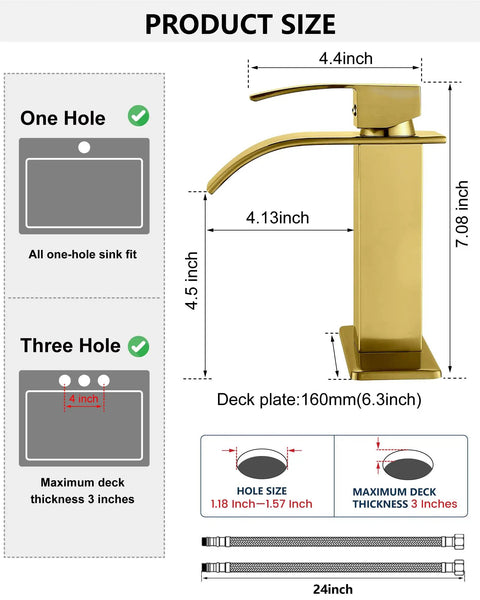 Diagram showing dimensions of Waterfall Spout Single Handle Bathroom Faucet For 1 Hole Sink With Ultra Wide Water Flow Sleek Modern RV Lavatory Vanity Tap Chrome Finish With Water Hose No Drain Short Body Made From SUS304 Stainless Steel