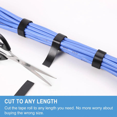 One Inch By Thirty Foot Hook And Loop Tape Roll Featuring Heavy Duty Fabric Straps With Slick Self Adherence Cut To Any Size For No Sweat Cable Wrapping And Garage Gear Management securing blue cables with scissors nearby.
