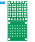 Five Pack 1.2 Inch Square Single Sided PCB Boards Green For DIY Electronics Prototyping Soldering Breadboard Projects 0.1 Inch 2.54mm Pitch FR4 Solderable Circuit Boards showing two green boards with pre-tinned holes and mounting holes
