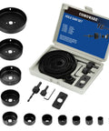 Heavy Duty Wood Hole Saw Kit, 16 Piece Set From 3/4 Inch to 5 Inch, Includes Case, Hex Key, 2 Mandrels, and Install Plate displayed