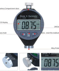 Hella Tough Digital Shore Durometer Scale With Slick LCD Display For Accurate Testing Of Rubber Tires Bowling Balls And Commercial Flooring Type A C D Hardness Meter showing LCD readout and alloy probe.