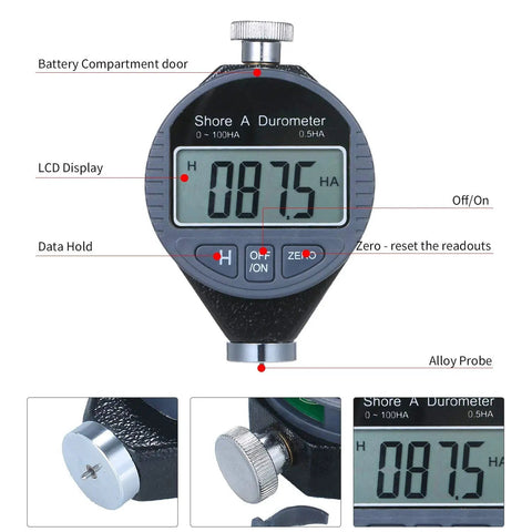 Hella Tough Digital Shore Durometer Scale With Slick LCD Display For Accurate Testing Of Rubber Tires Bowling Balls And Commercial Flooring Type A C D Hardness Meter showing LCD readout and alloy probe.