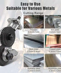 Drill Metal Plate Cutter Attachment For Electric Drill shown with cutting range details for various metals including iron and aluminum