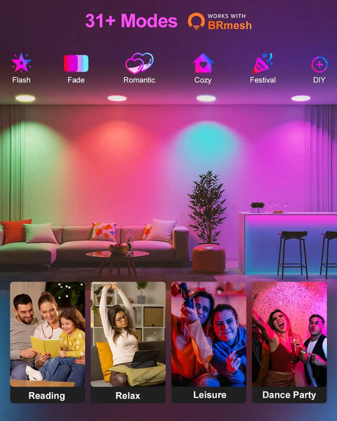 Color changing LEDs in a cozy living room displaying DUSKTEC Smart Recessed Lighting 4 Inch Color Changing LED Recessed Lights modes.