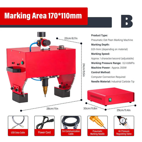 Built Tough Metal Marking Machine With Pneumatic Dot Peen System For Deep Engraving Serial Numbers On Chassis Engine Components And Steel Parts Fast One Character Per Second Marking For Heavy Duty Manufacturing, shown with its components and dimensions.