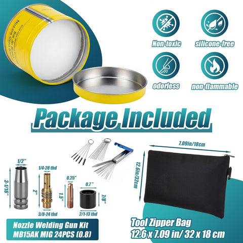 Open yellow anti-spatter gel tin, tool bag, and parts from All-in-One MIG Welding Gun Maintenance Kit For MB15 And 15AK Torch